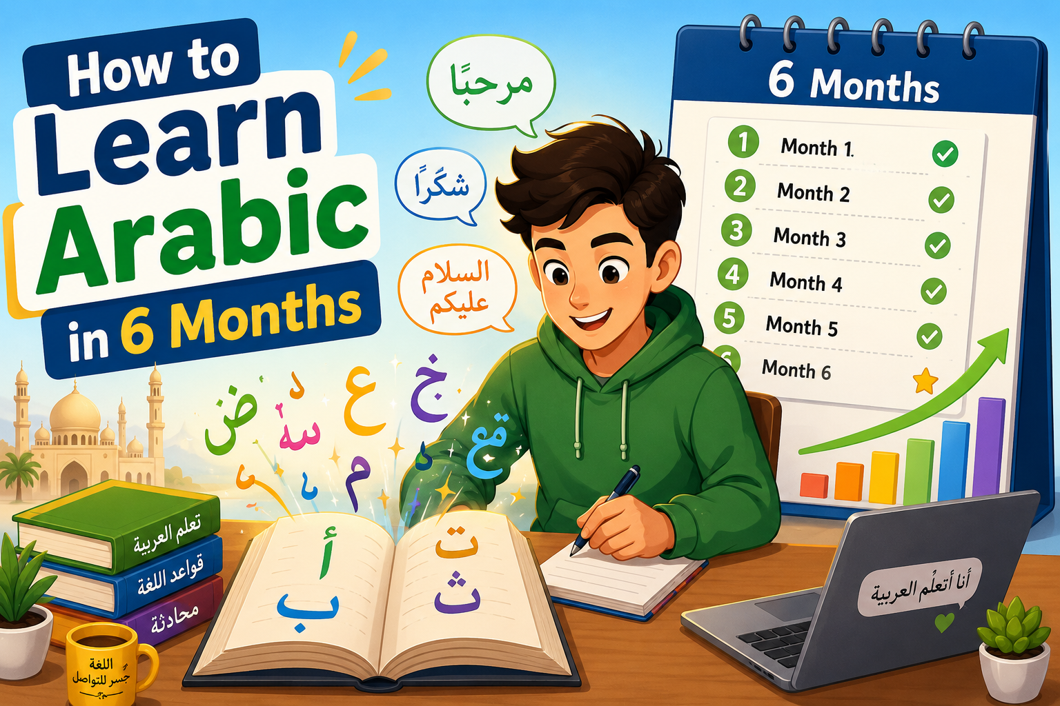 Arabic study notes and digital tools laid out for a six-month learning plan.